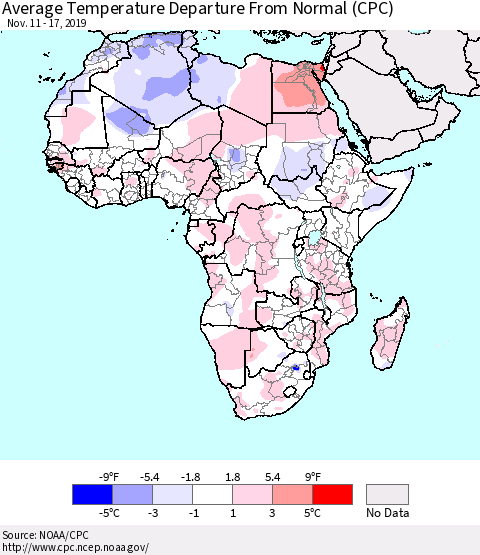 Africa Average Temperature Departure from Normal (CPC) Thematic Map For 11/11/2019 - 11/17/2019