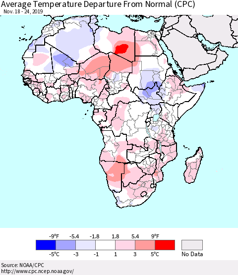Africa Average Temperature Departure from Normal (CPC) Thematic Map For 11/18/2019 - 11/24/2019