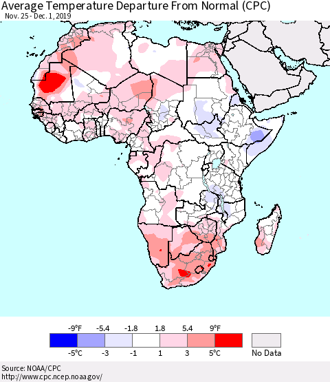 Africa Average Temperature Departure from Normal (CPC) Thematic Map For 11/25/2019 - 12/1/2019