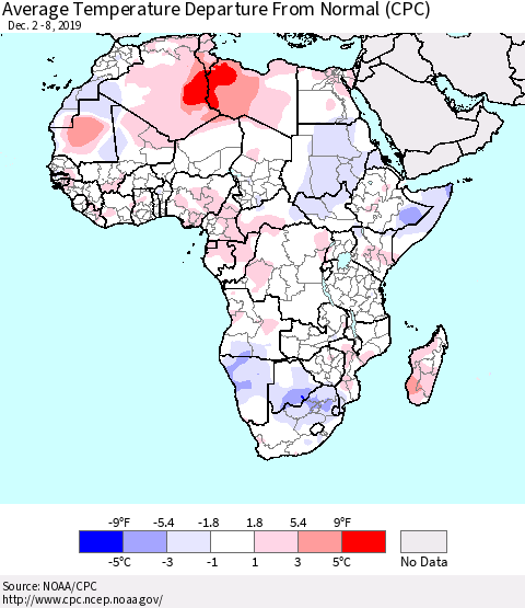 Africa Average Temperature Departure from Normal (CPC) Thematic Map For 12/2/2019 - 12/8/2019