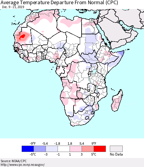 Africa Average Temperature Departure from Normal (CPC) Thematic Map For 12/9/2019 - 12/15/2019