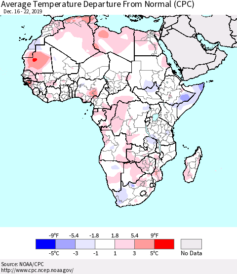 Africa Average Temperature Departure from Normal (CPC) Thematic Map For 12/16/2019 - 12/22/2019