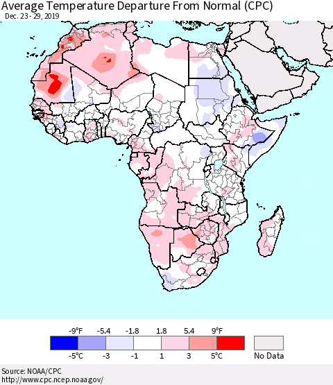 Africa Average Temperature Departure from Normal (CPC) Thematic Map For 12/23/2019 - 12/29/2019