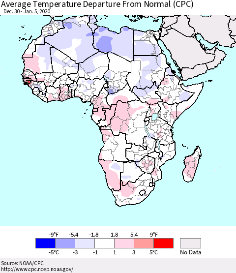 Africa Average Temperature Departure from Normal (CPC) Thematic Map For 12/30/2019 - 1/5/2020