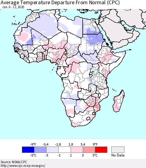 Africa Average Temperature Departure from Normal (CPC) Thematic Map For 1/6/2020 - 1/12/2020