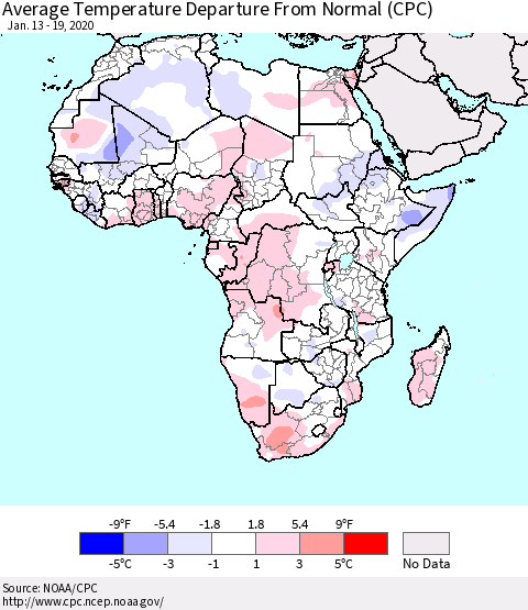 Africa Average Temperature Departure from Normal (CPC) Thematic Map For 1/13/2020 - 1/19/2020