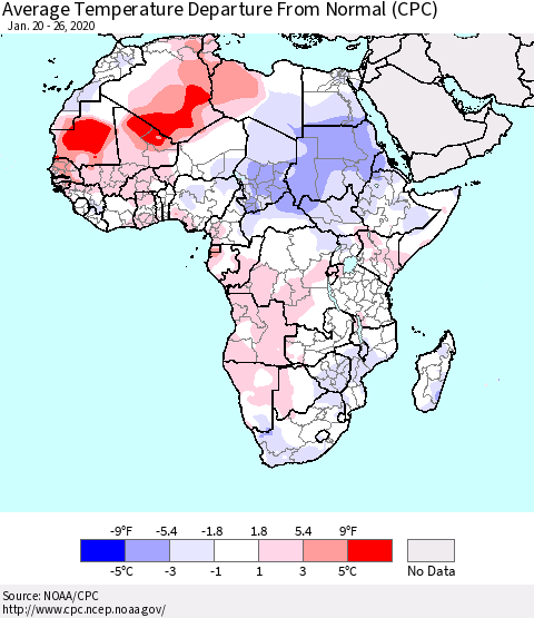 Africa Average Temperature Departure from Normal (CPC) Thematic Map For 1/20/2020 - 1/26/2020