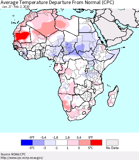 Africa Average Temperature Departure from Normal (CPC) Thematic Map For 1/27/2020 - 2/2/2020