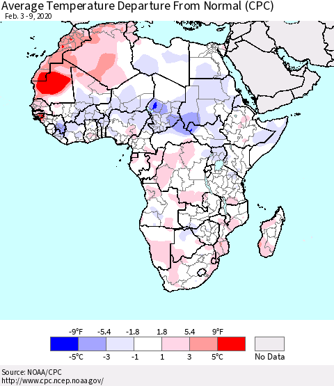 Africa Average Temperature Departure from Normal (CPC) Thematic Map For 2/3/2020 - 2/9/2020