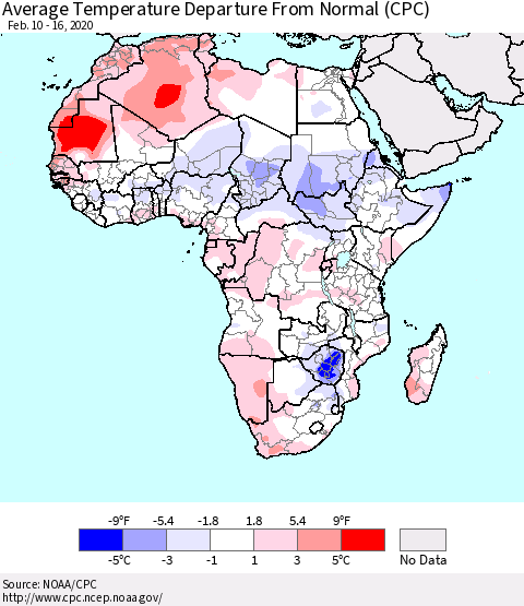 Africa Average Temperature Departure from Normal (CPC) Thematic Map For 2/10/2020 - 2/16/2020