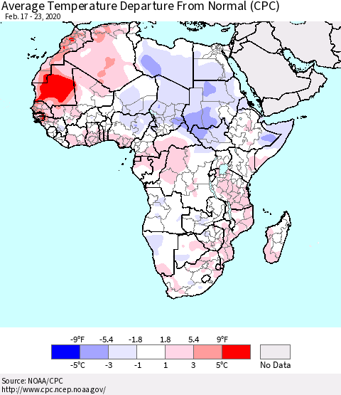 Africa Average Temperature Departure from Normal (CPC) Thematic Map For 2/17/2020 - 2/23/2020