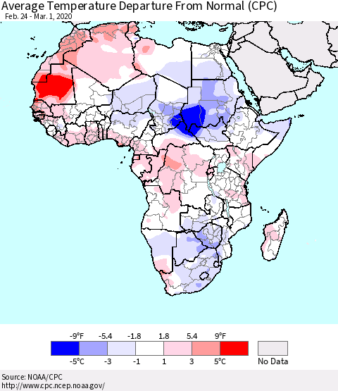 Africa Average Temperature Departure from Normal (CPC) Thematic Map For 2/24/2020 - 3/1/2020