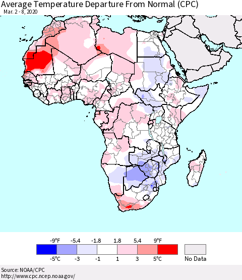 Africa Average Temperature Departure from Normal (CPC) Thematic Map For 3/2/2020 - 3/8/2020