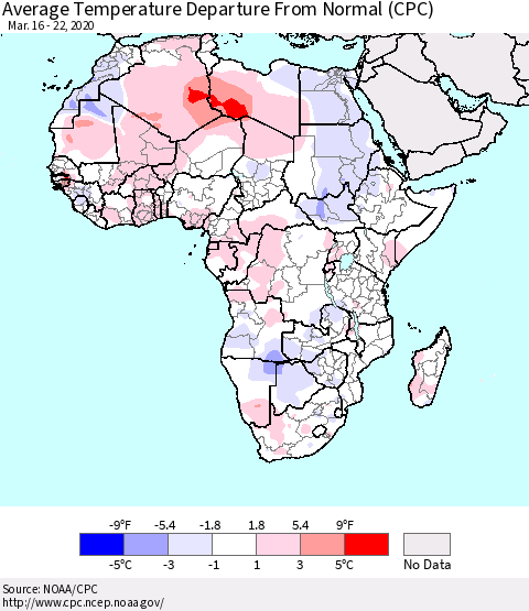 Africa Average Temperature Departure from Normal (CPC) Thematic Map For 3/16/2020 - 3/22/2020