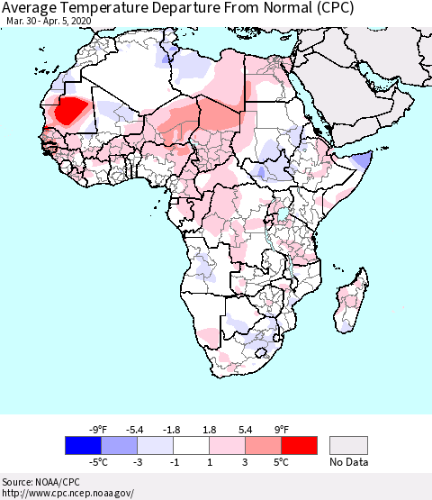 Africa Average Temperature Departure from Normal (CPC) Thematic Map For 3/30/2020 - 4/5/2020