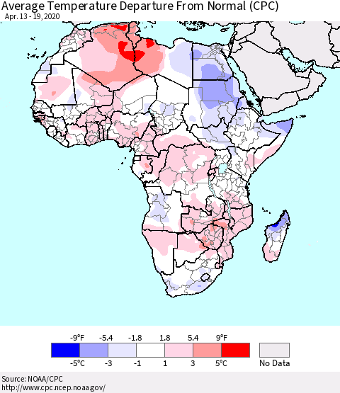 Africa Average Temperature Departure from Normal (CPC) Thematic Map For 4/13/2020 - 4/19/2020
