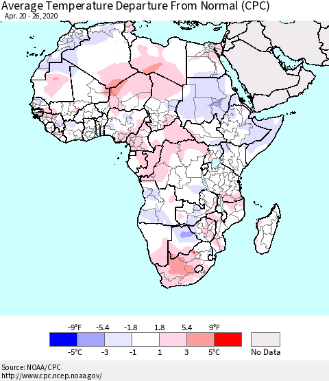 Africa Average Temperature Departure from Normal (CPC) Thematic Map For 4/20/2020 - 4/26/2020