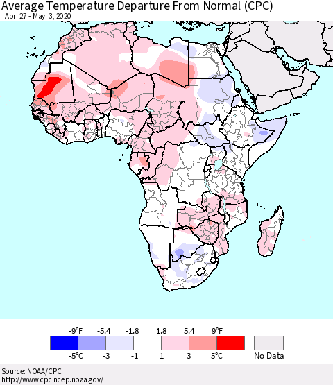 Africa Average Temperature Departure from Normal (CPC) Thematic Map For 4/27/2020 - 5/3/2020