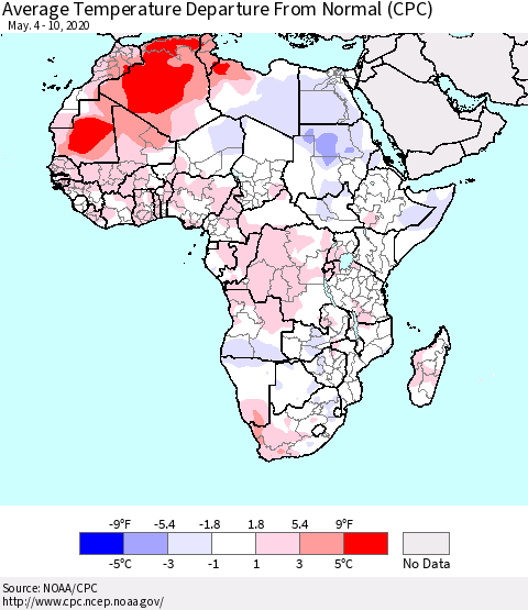 Africa Average Temperature Departure from Normal (CPC) Thematic Map For 5/4/2020 - 5/10/2020