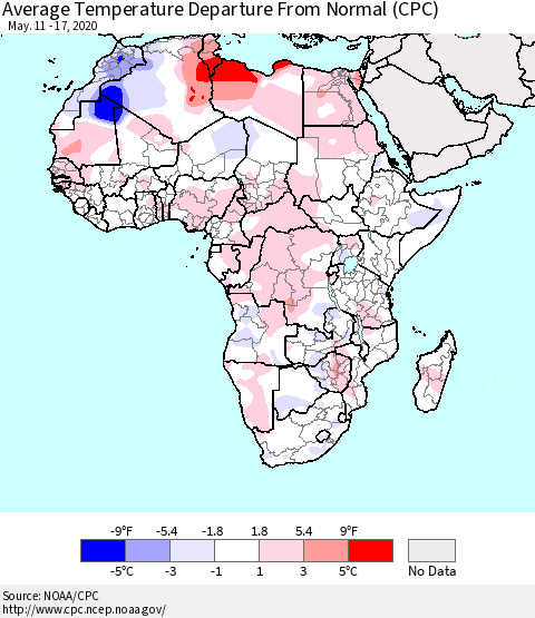 Africa Average Temperature Departure from Normal (CPC) Thematic Map For 5/11/2020 - 5/17/2020