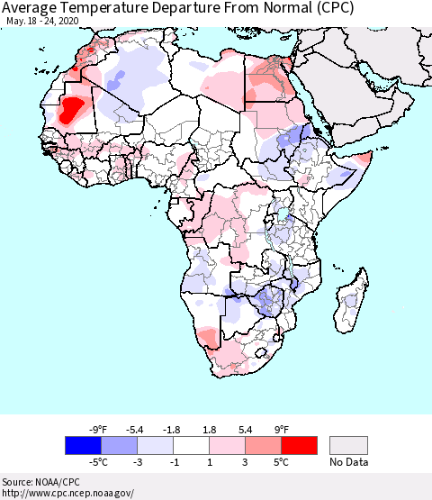 Africa Average Temperature Departure from Normal (CPC) Thematic Map For 5/18/2020 - 5/24/2020