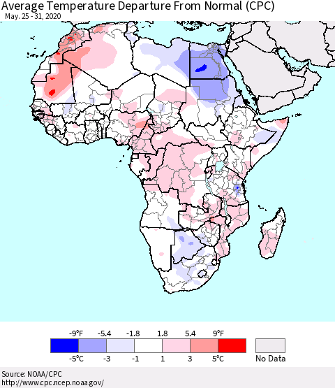 Africa Average Temperature Departure from Normal (CPC) Thematic Map For 5/25/2020 - 5/31/2020