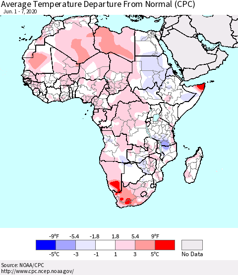 Africa Average Temperature Departure from Normal (CPC) Thematic Map For 6/1/2020 - 6/7/2020