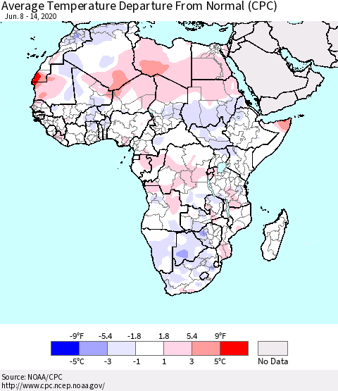 Africa Average Temperature Departure from Normal (CPC) Thematic Map For 6/8/2020 - 6/14/2020