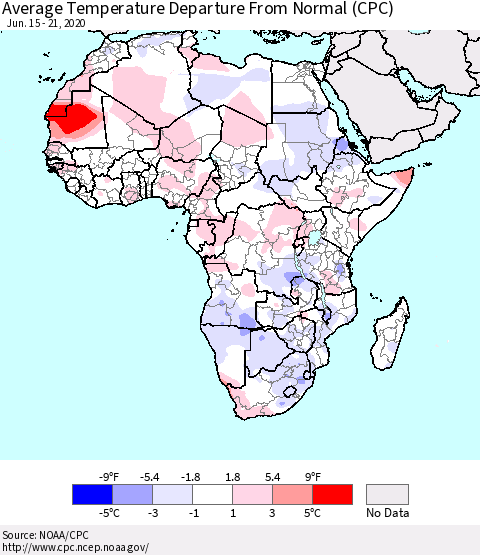 Africa Average Temperature Departure from Normal (CPC) Thematic Map For 6/15/2020 - 6/21/2020