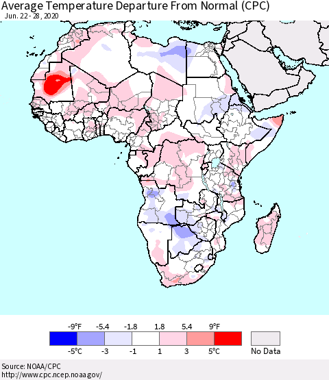 Africa Average Temperature Departure from Normal (CPC) Thematic Map For 6/22/2020 - 6/28/2020
