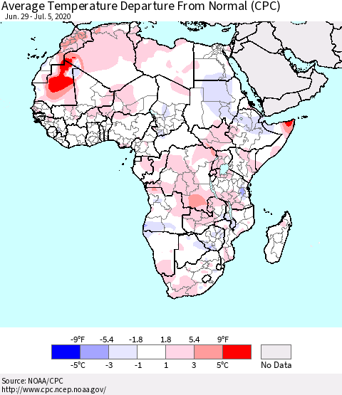 Africa Average Temperature Departure from Normal (CPC) Thematic Map For 6/29/2020 - 7/5/2020