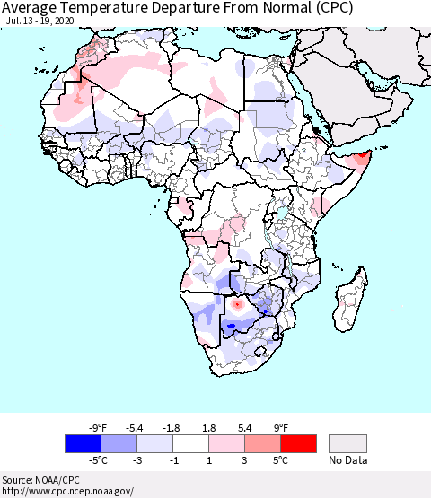 Africa Average Temperature Departure from Normal (CPC) Thematic Map For 7/13/2020 - 7/19/2020