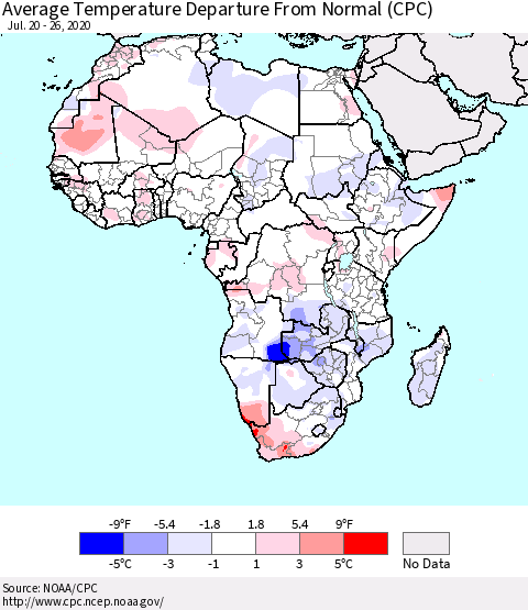 Africa Average Temperature Departure from Normal (CPC) Thematic Map For 7/20/2020 - 7/26/2020