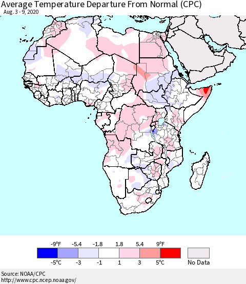 Africa Average Temperature Departure from Normal (CPC) Thematic Map For 8/3/2020 - 8/9/2020