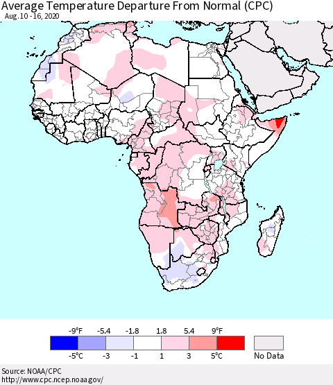Africa Average Temperature Departure from Normal (CPC) Thematic Map For 8/10/2020 - 8/16/2020