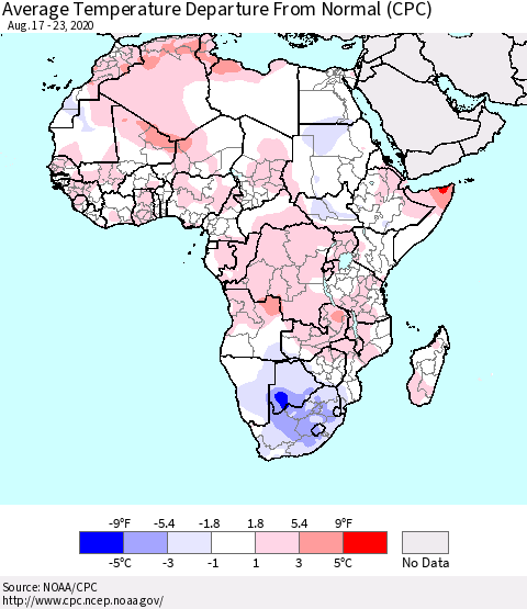 Africa Average Temperature Departure from Normal (CPC) Thematic Map For 8/17/2020 - 8/23/2020
