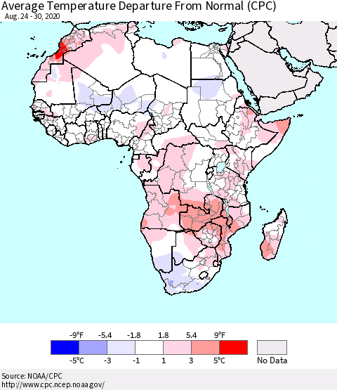 Africa Average Temperature Departure from Normal (CPC) Thematic Map For 8/24/2020 - 8/30/2020