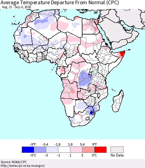 Africa Average Temperature Departure from Normal (CPC) Thematic Map For 8/31/2020 - 9/6/2020