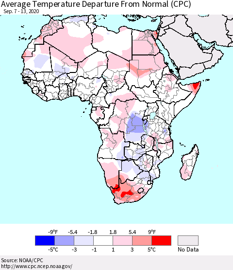 Africa Average Temperature Departure from Normal (CPC) Thematic Map For 9/7/2020 - 9/13/2020