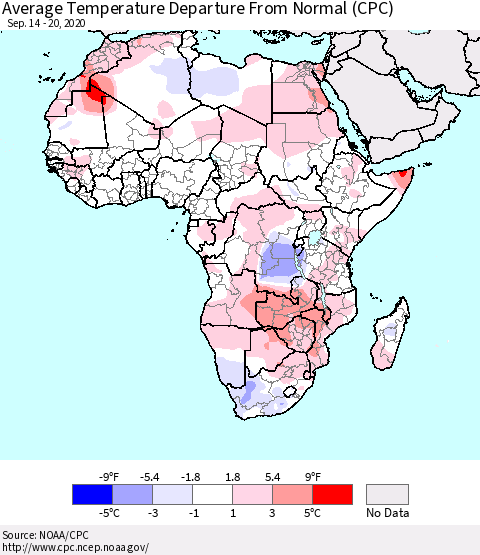 Africa Average Temperature Departure from Normal (CPC) Thematic Map For 9/14/2020 - 9/20/2020