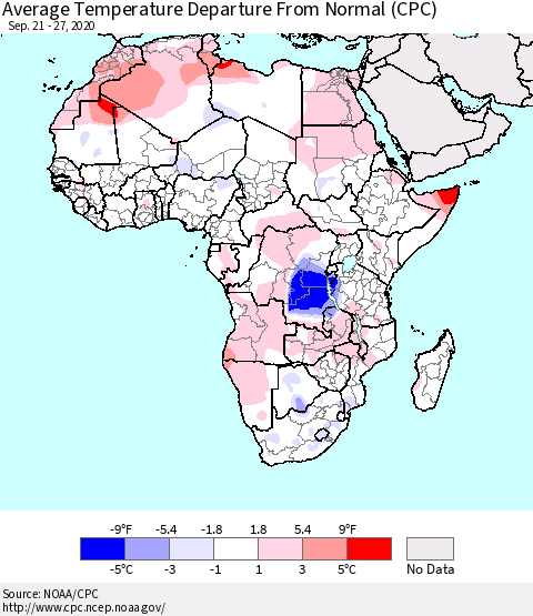 Africa Average Temperature Departure from Normal (CPC) Thematic Map For 9/21/2020 - 9/27/2020