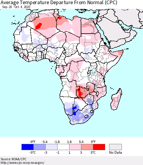 Africa Average Temperature Departure from Normal (CPC) Thematic Map For 9/28/2020 - 10/4/2020