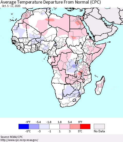 Africa Average Temperature Departure From Normal (CPC) Thematic Map For 10/5/2020 - 10/11/2020