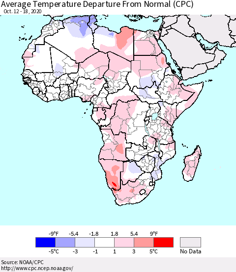 Africa Average Temperature Departure from Normal (CPC) Thematic Map For 10/12/2020 - 10/18/2020