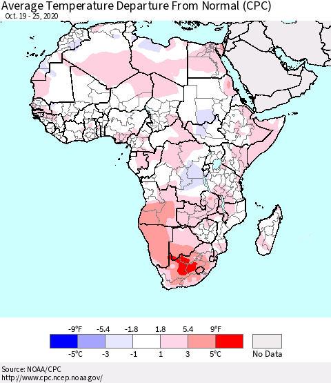 Africa Average Temperature Departure from Normal (CPC) Thematic Map For 10/19/2020 - 10/25/2020
