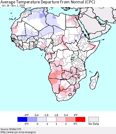 Africa Average Temperature Departure from Normal (CPC) Thematic Map For 10/26/2020 - 11/1/2020