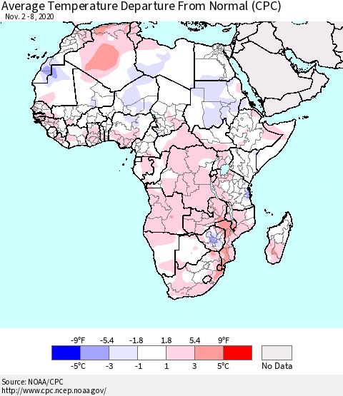 Africa Average Temperature Departure from Normal (CPC) Thematic Map For 11/2/2020 - 11/8/2020