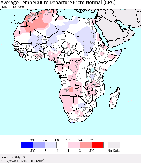 Africa Average Temperature Departure From Normal (CPC) Thematic Map For 11/9/2020 - 11/15/2020