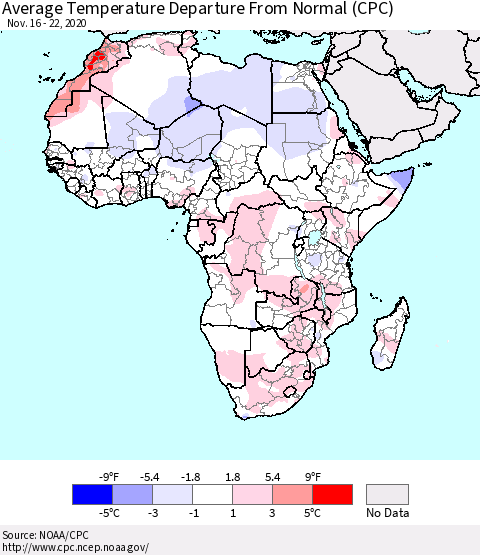 Africa Average Temperature Departure from Normal (CPC) Thematic Map For 11/16/2020 - 11/22/2020
