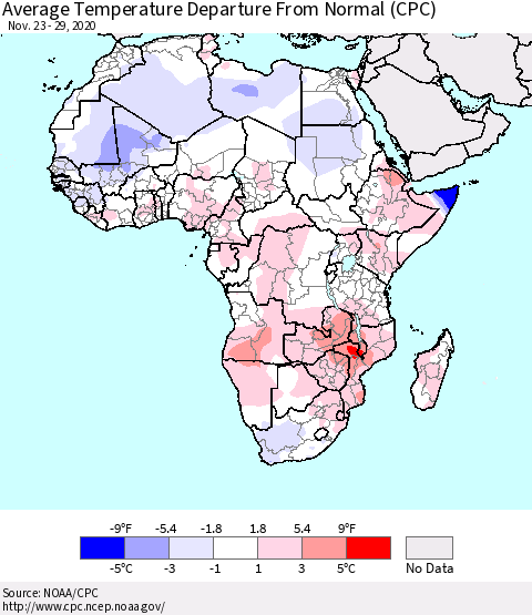 Africa Average Temperature Departure from Normal (CPC) Thematic Map For 11/23/2020 - 11/29/2020